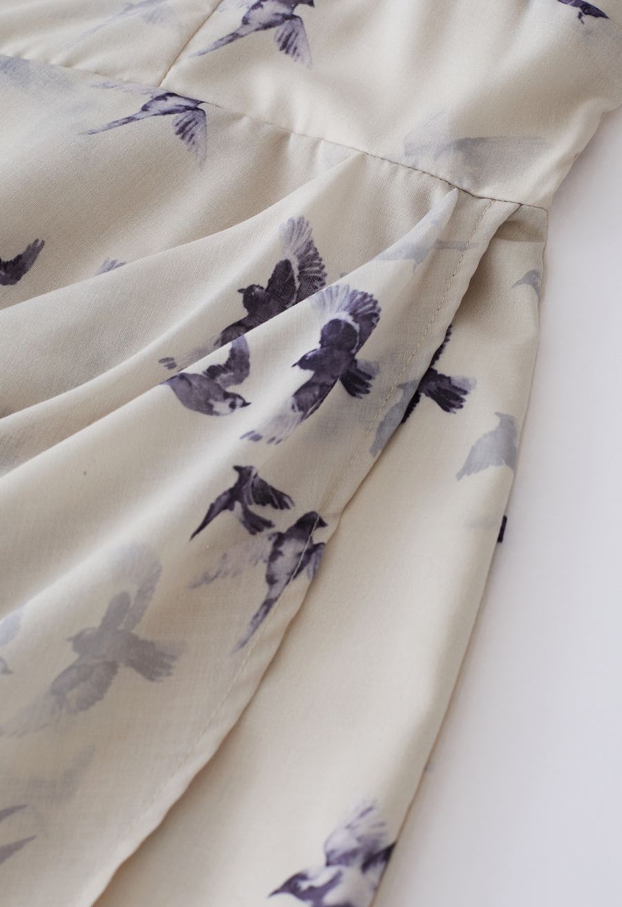 Close-up of the seagull print fabric on the midi dress, showcasing the delicate pattern.
