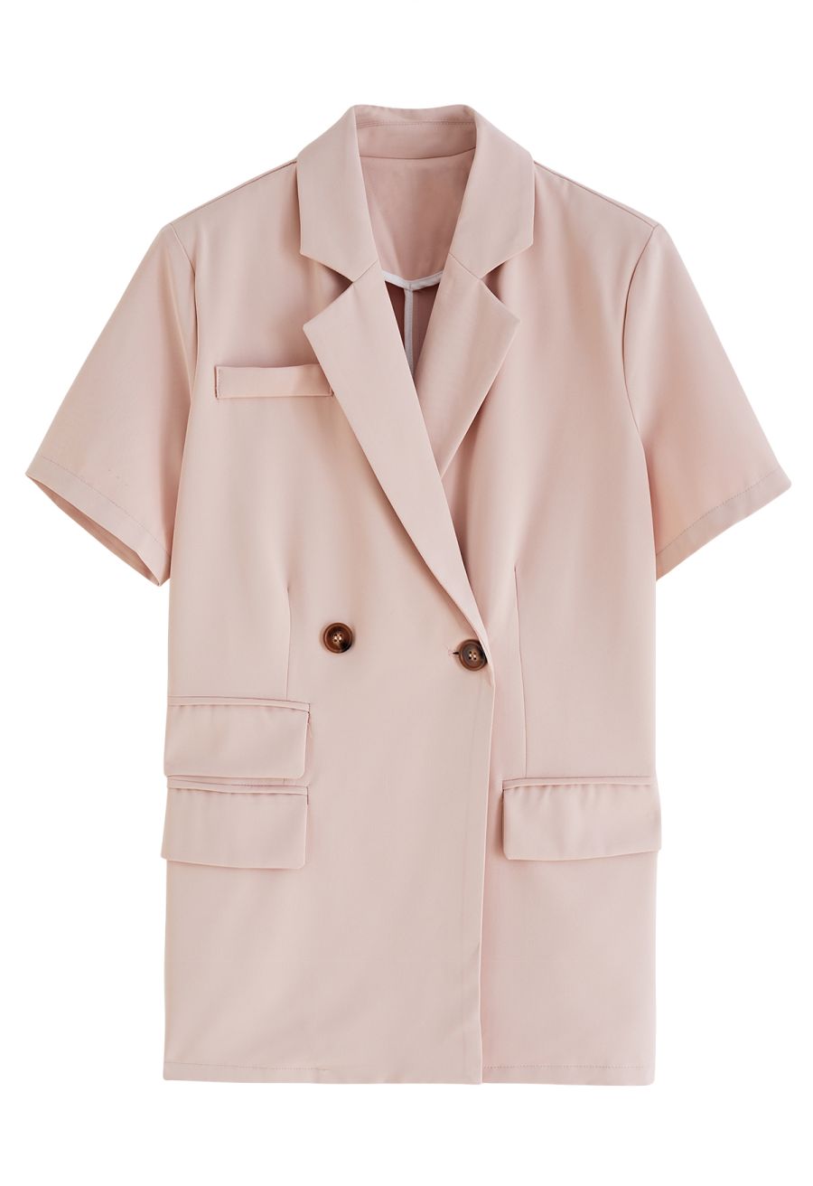 Flap Pockets Trim Short-Sleeve Blazer in Pink