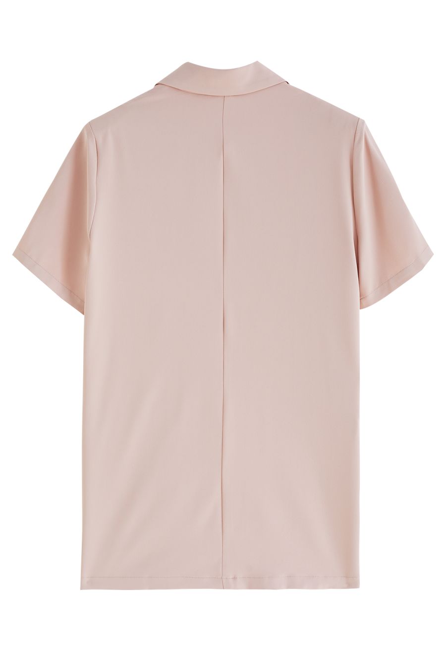 Flap Pockets Trim Short-Sleeve Blazer in Pink