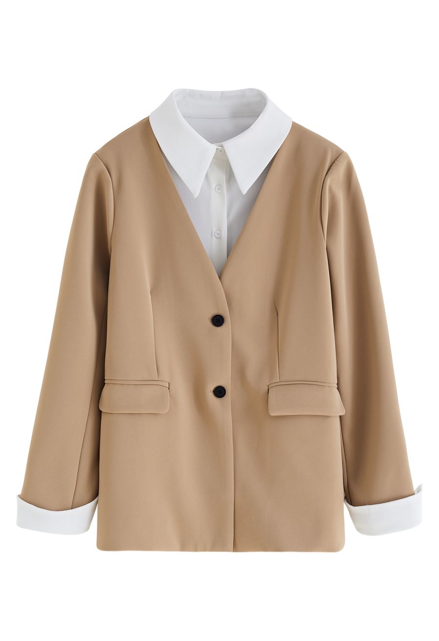 Sleek Fake Two-Piece Blazer in Tan