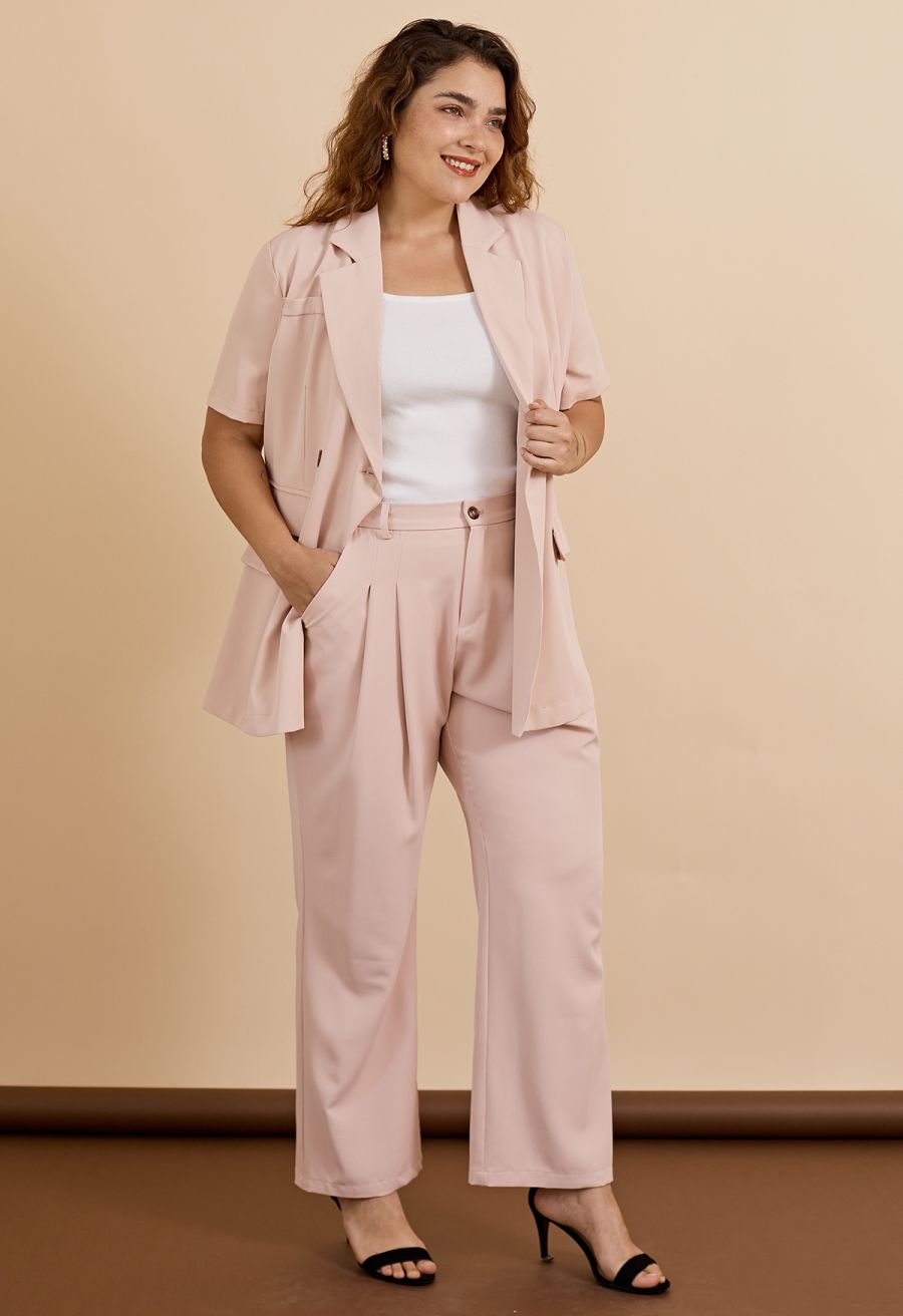 Flap Pockets Trim Short-Sleeve Blazer in Pink