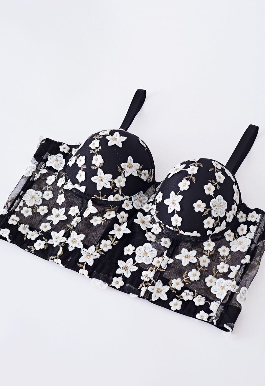 Embroidered Floret Corset Bustier Top in Black