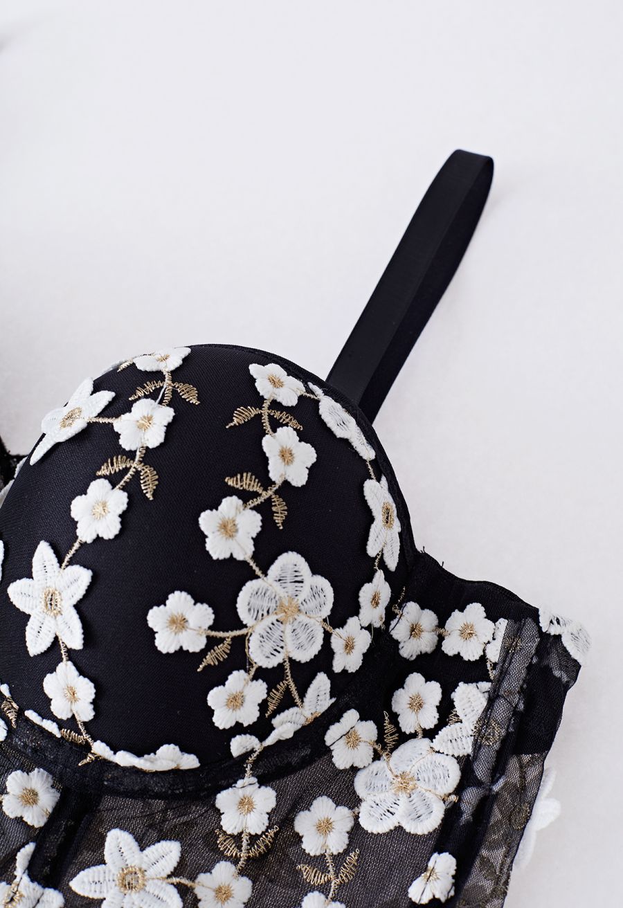 Embroidered Floret Corset Bustier Top in Black