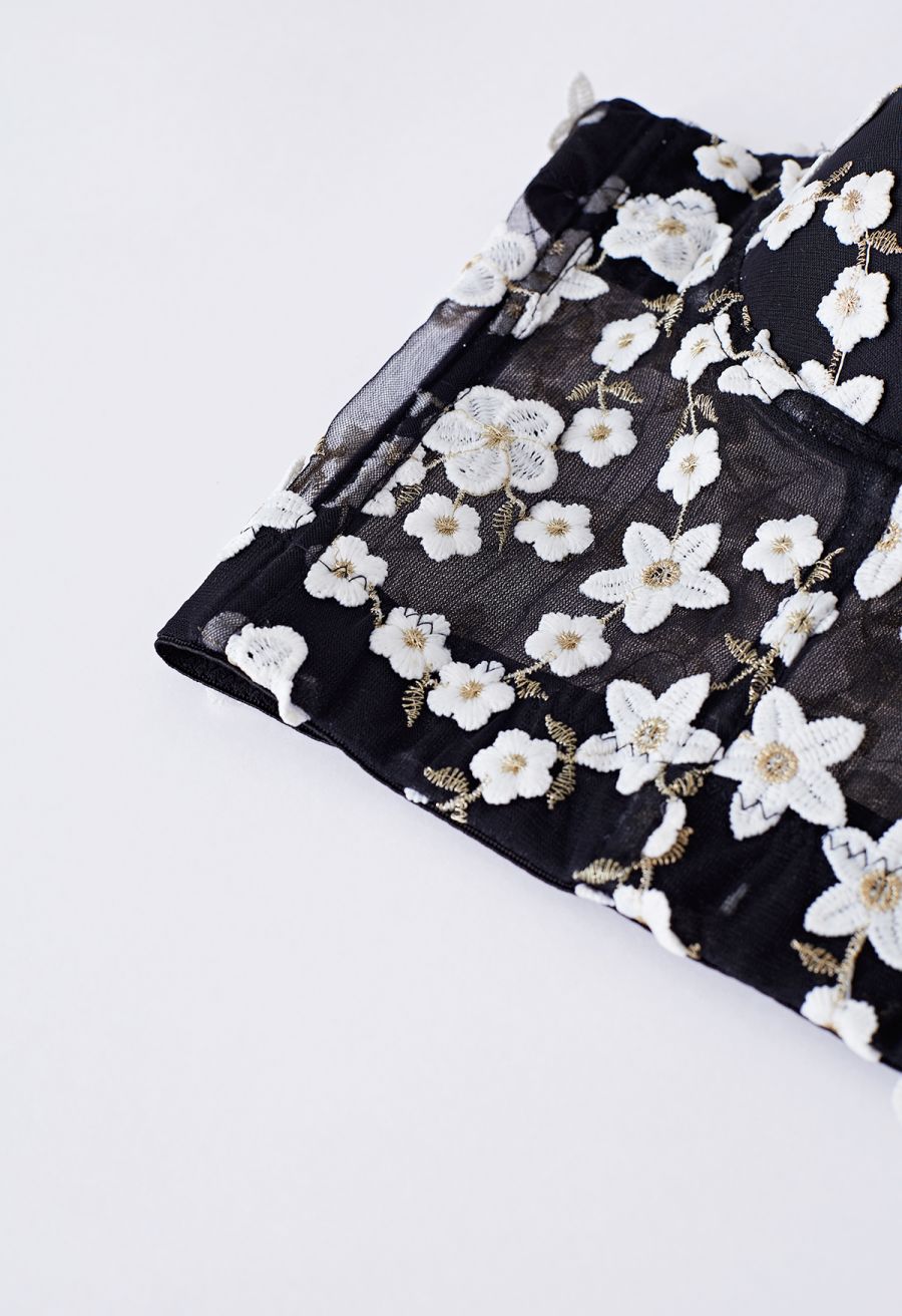 Embroidered Floret Corset Bustier Top in Black