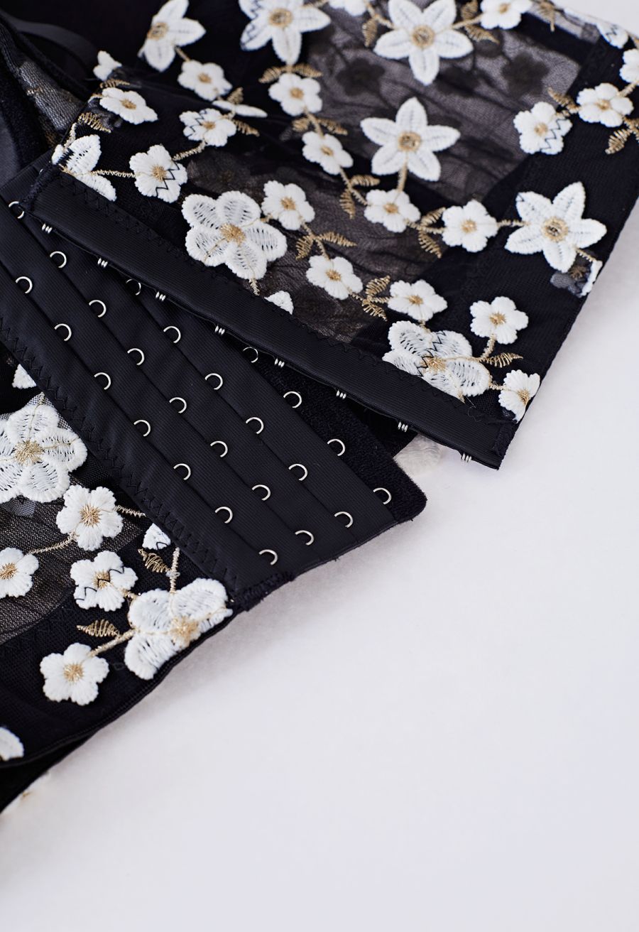 Embroidered Floret Corset Bustier Top in Black
