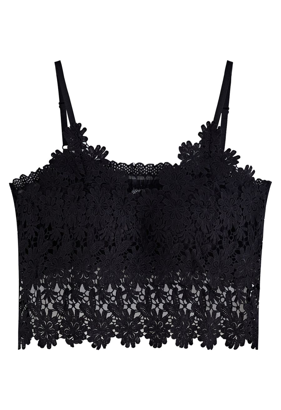 Exquisite Floral Crochet Bra Top in Black