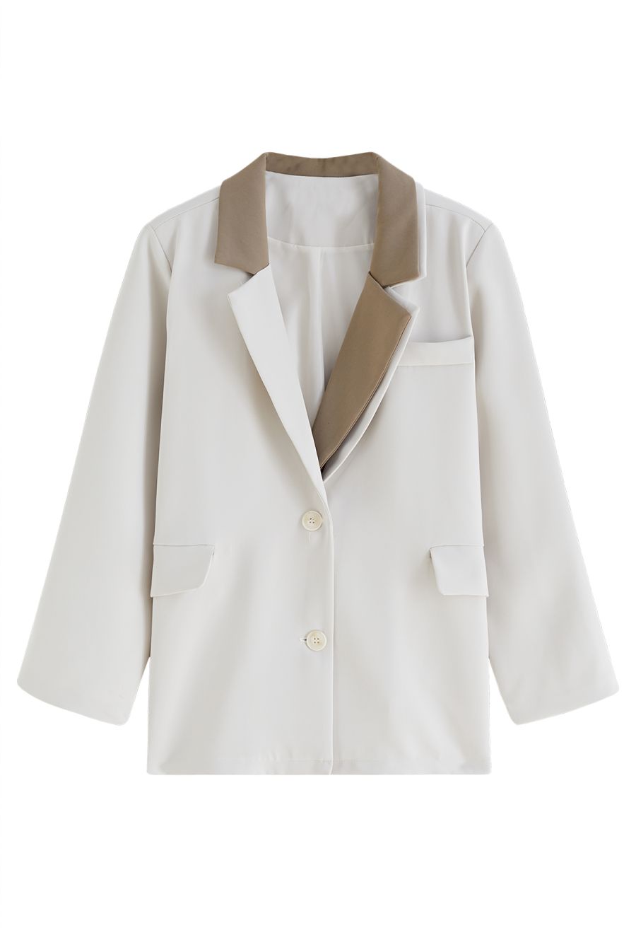 Contrast Notch Lapel Blazer in Ivory
