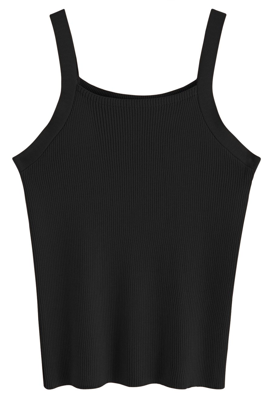 Stretchy Ribbed Knit Cami Top in Black