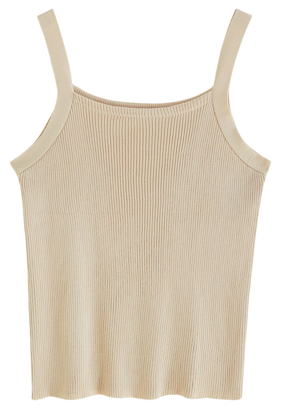 Stretchy Ribbed Knit Cami Top in Light Tan