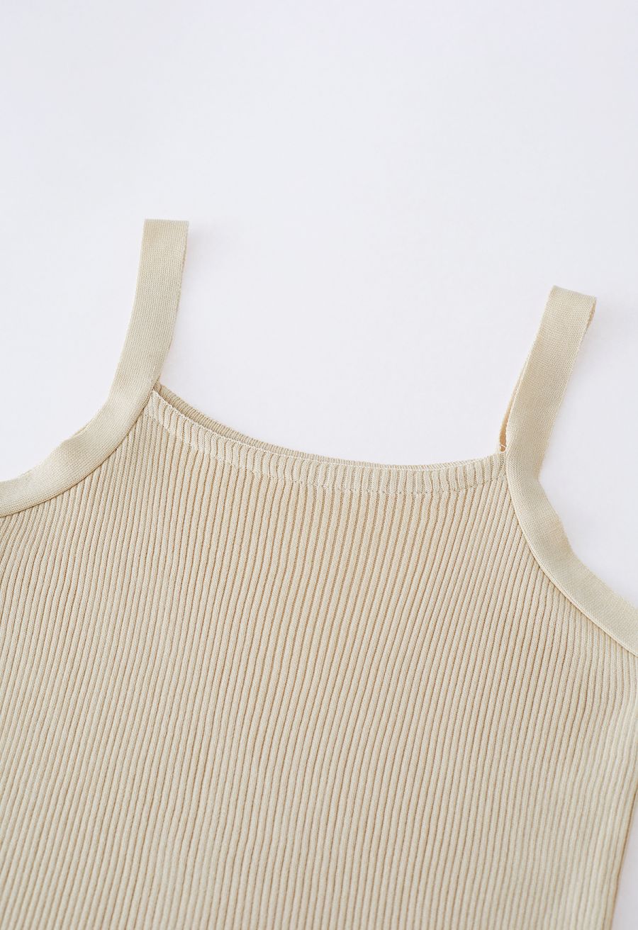 Stretchy Ribbed Knit Cami Top in Light Tan