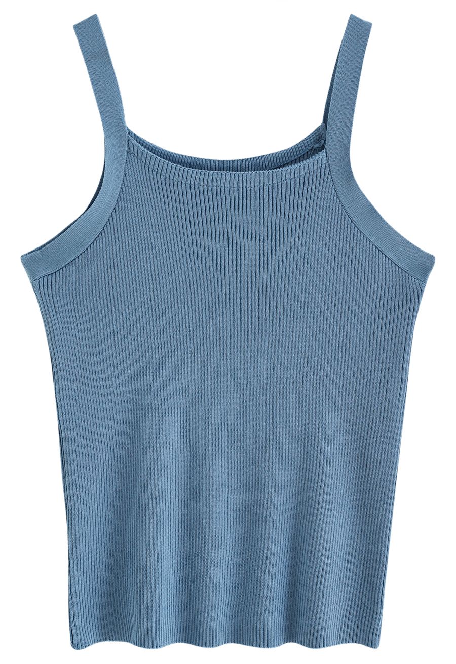 Stretchy Ribbed Knit Cami Top in Dusty Blue