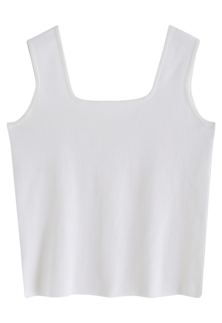 Chic Square Neck Knit Tank Top in White