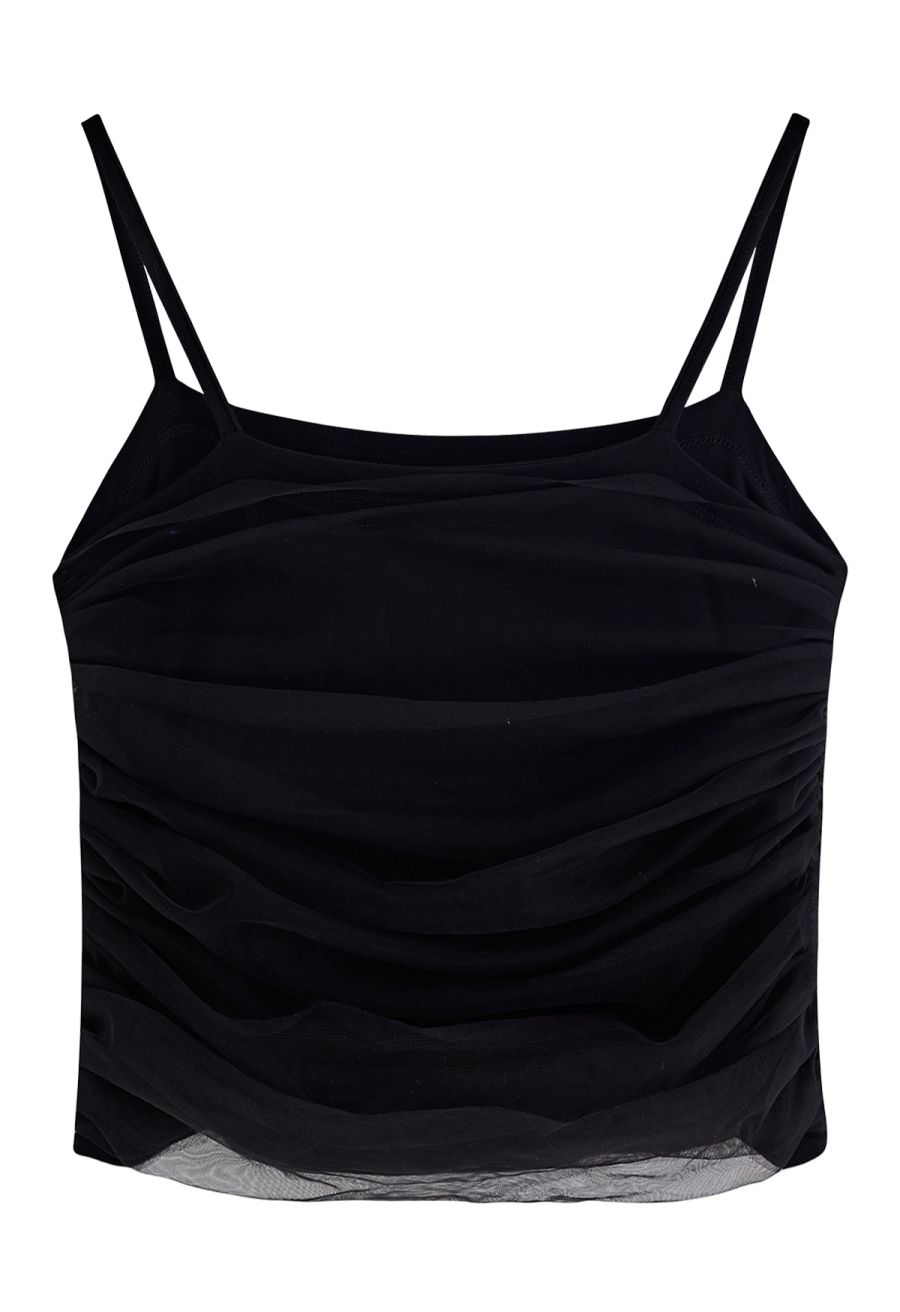 Ruched Mesh Cami Top in Black