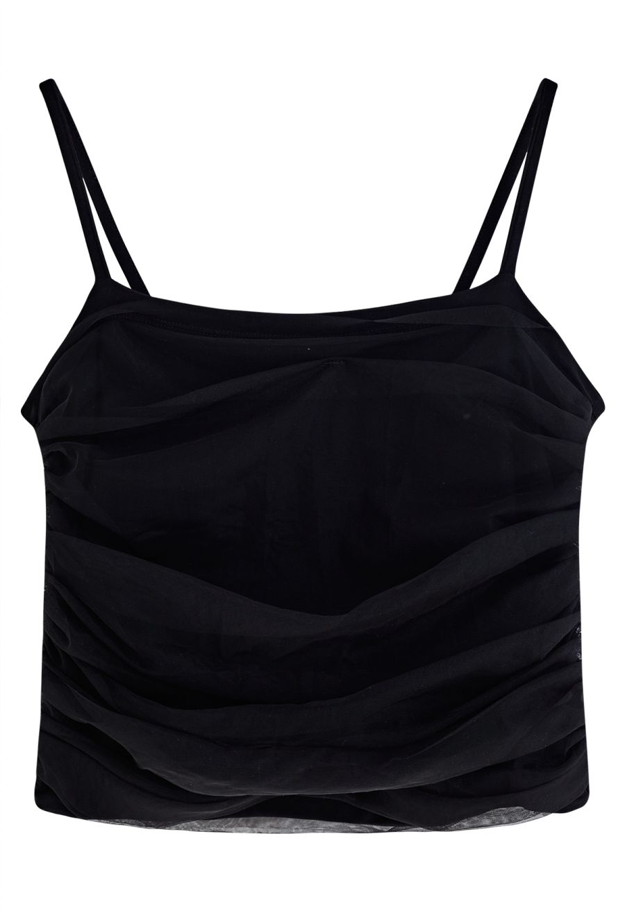 Ruched Mesh Cami Top in Black