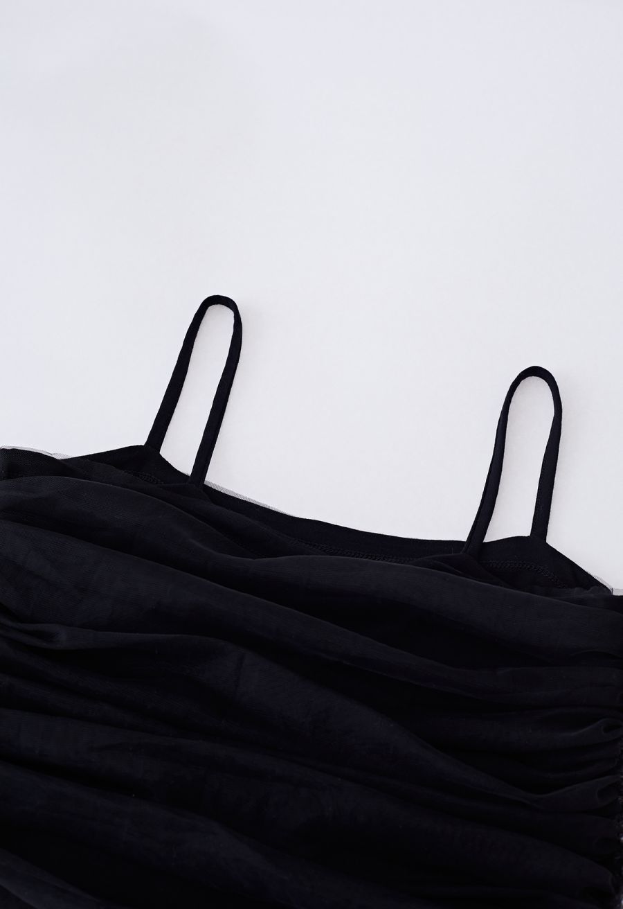 Ruched Mesh Cami Top in Black