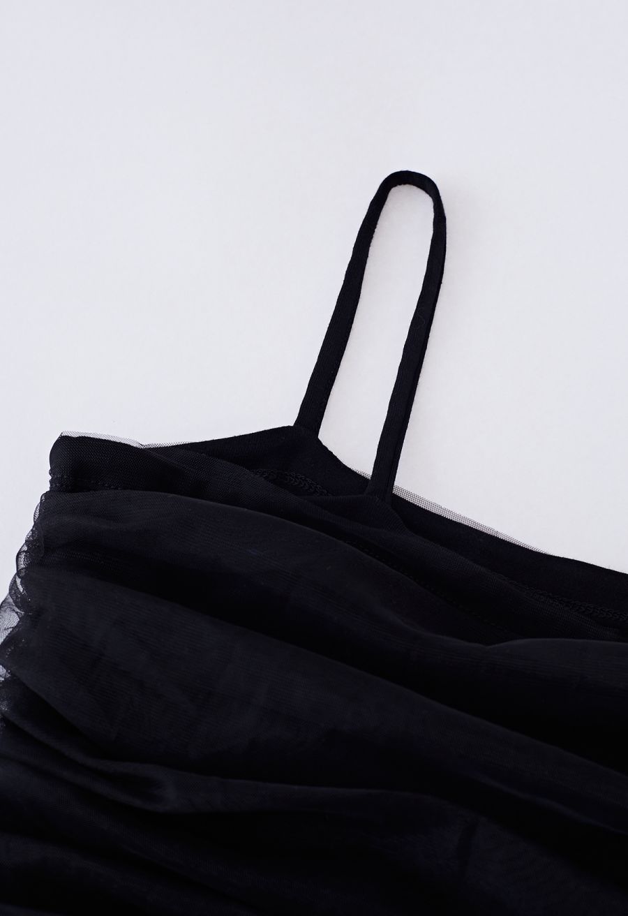 Ruched Mesh Cami Top in Black