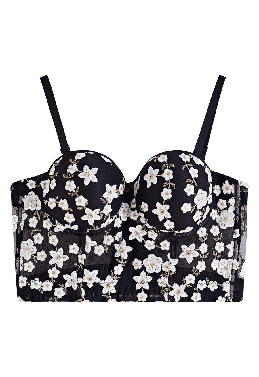 Embroidered Floret Corset Bustier Top in Black