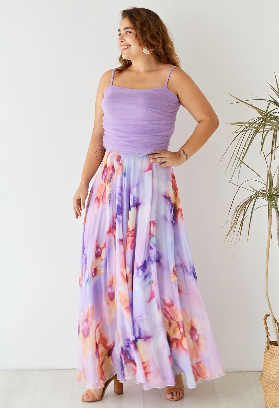Blooming Flowers Watercolor Maxi Skirt in Lilac