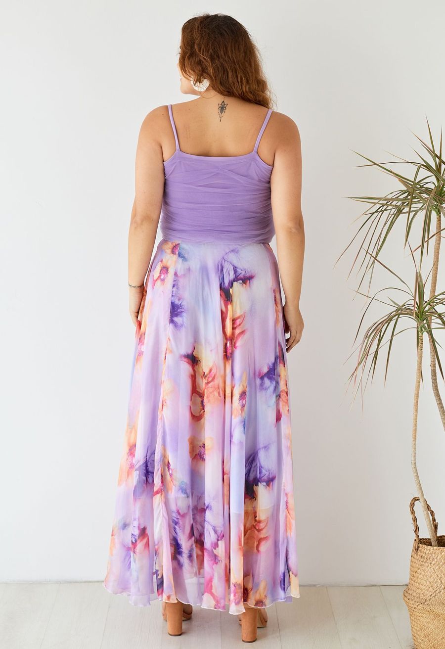 Blooming Flowers Watercolor Maxi Skirt in Lilac