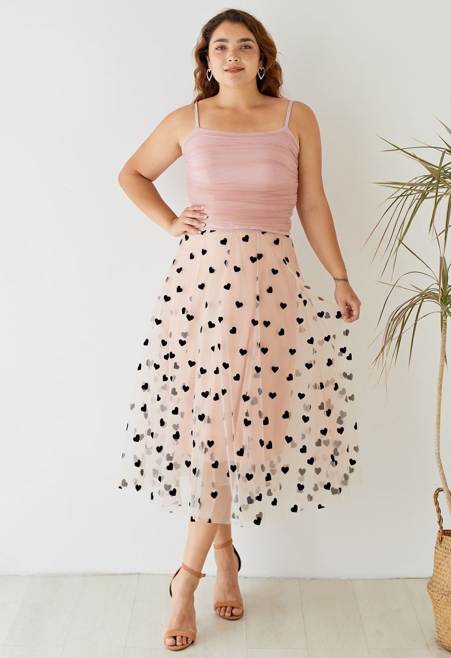 3D Heart Double-Layered Mesh Maxi Skirt in Blush Pink