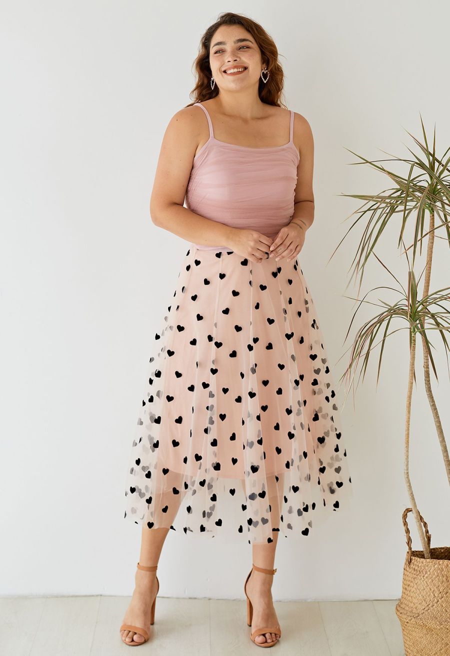 3D Heart Double-Layered Mesh Maxi Skirt in Blush Pink