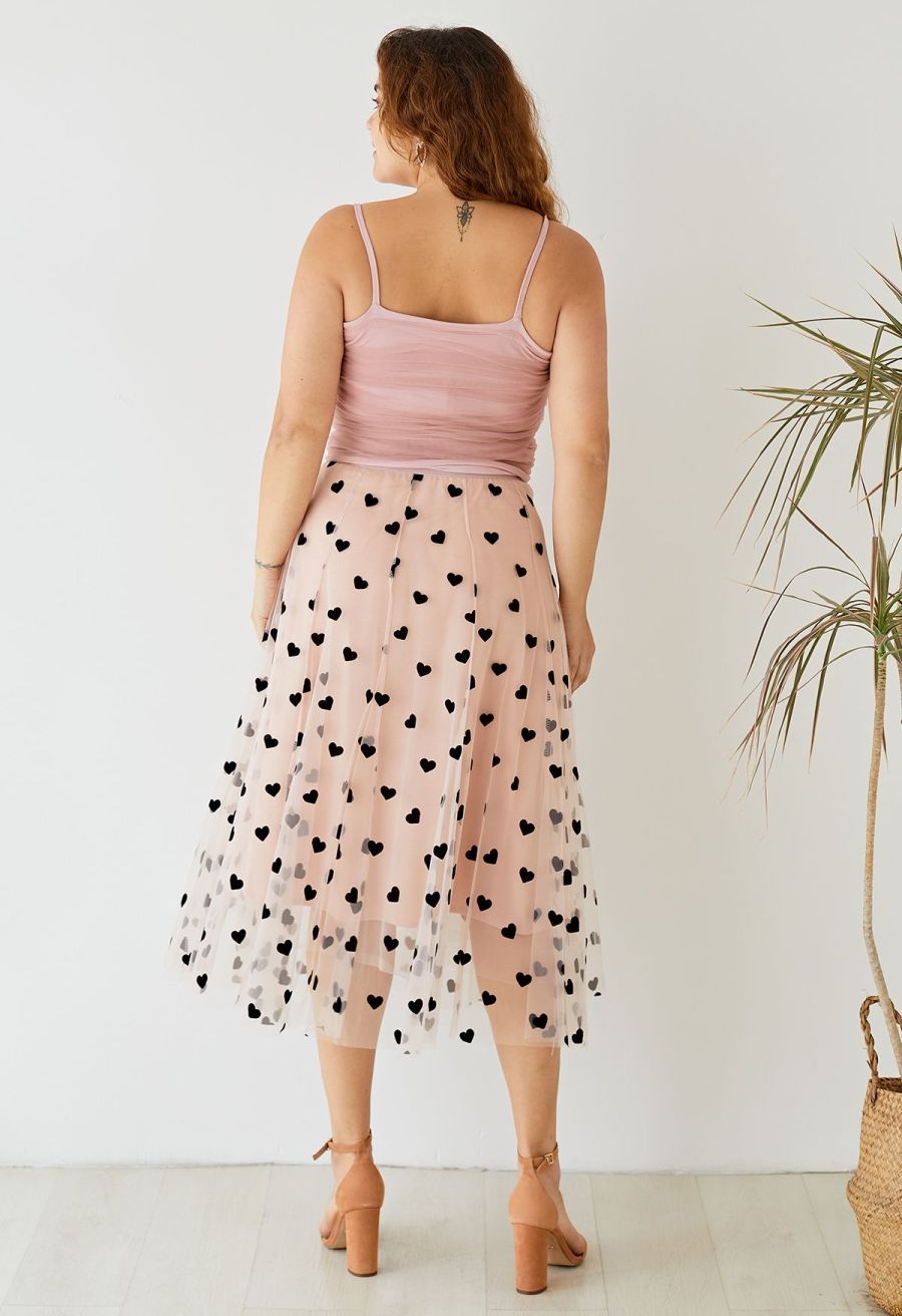 3D Heart Double-Layered Mesh Maxi Skirt in Blush Pink