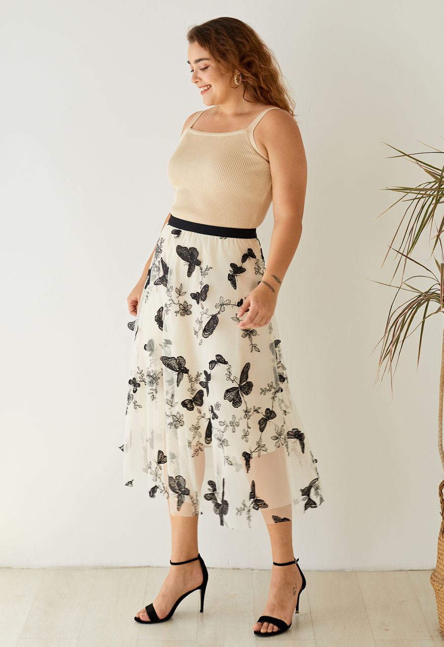 3D Butterfly Double-Layered Mesh Midi Skirt in Cream