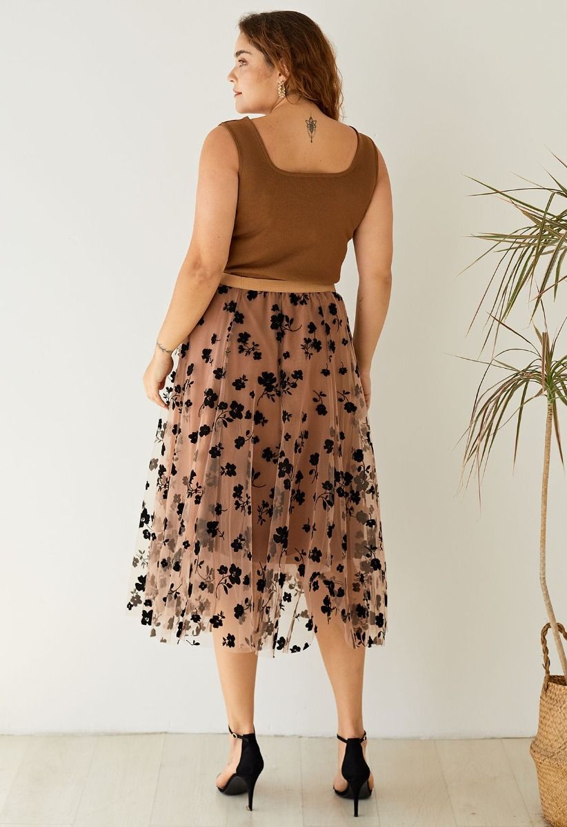 3D Posy Double-Layered Mesh Midi Skirt in Caramel