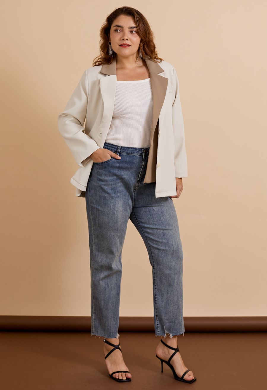 Contrast Notch Lapel Blazer in Ivory