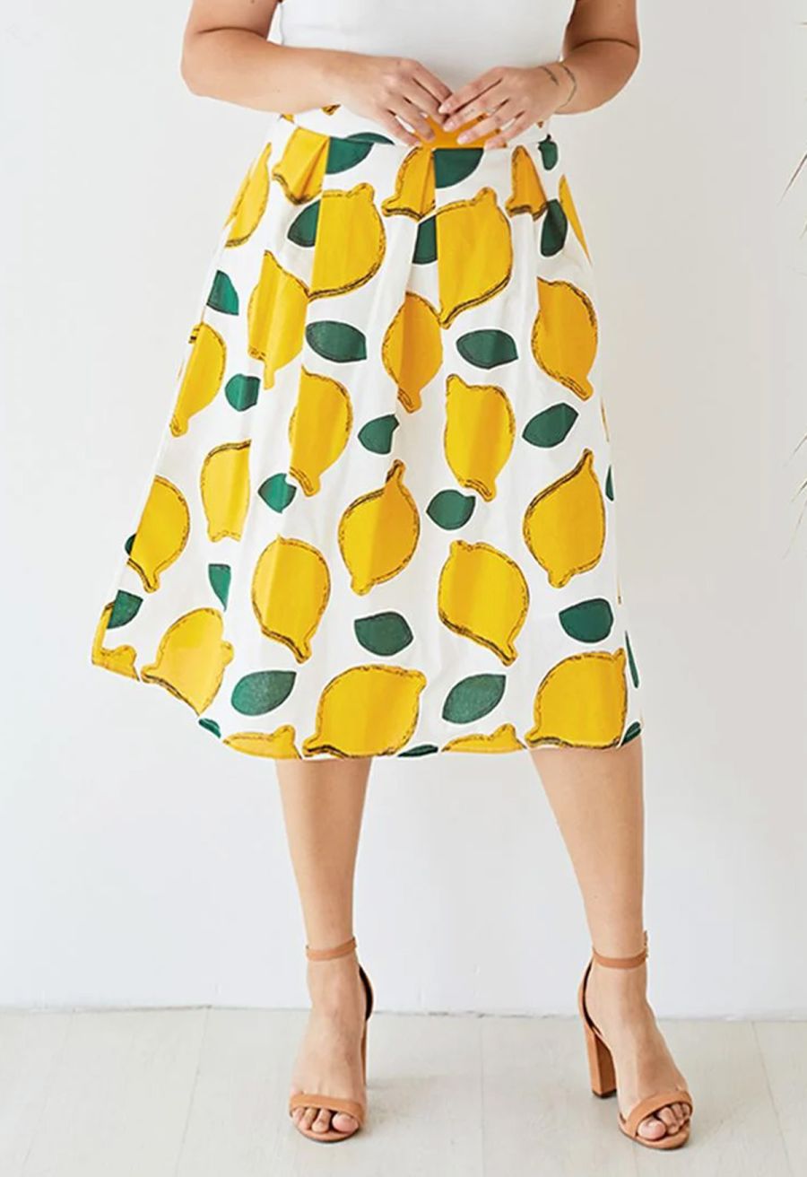 Summer Cool Lemon A-Line Midi Skirt 