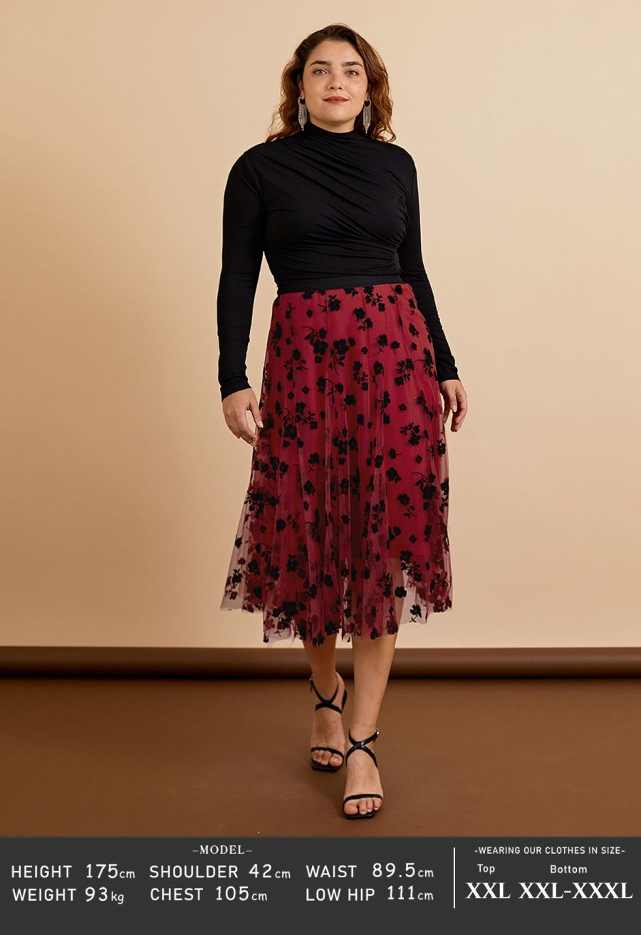 3D Posy Double-Layered Mesh Midi Skirt in Red