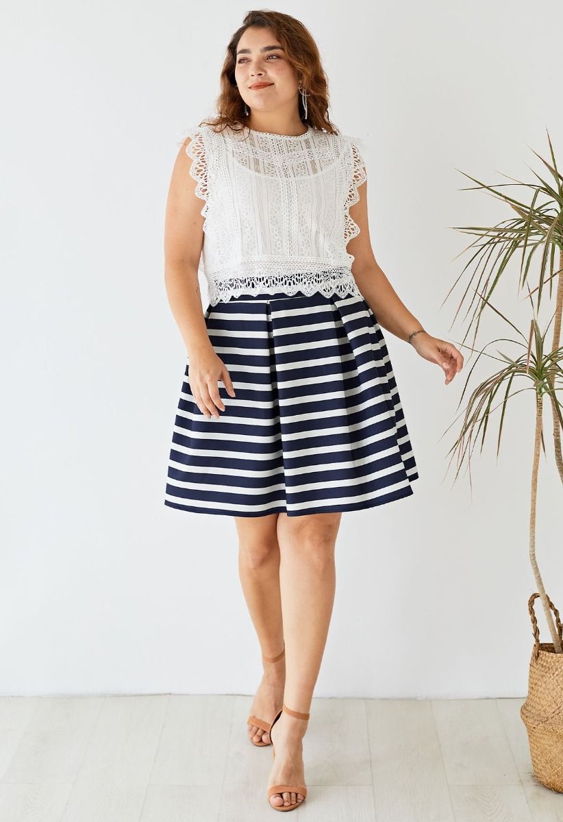 Adorable Stripe Pleated A-Line Midi Skirt
