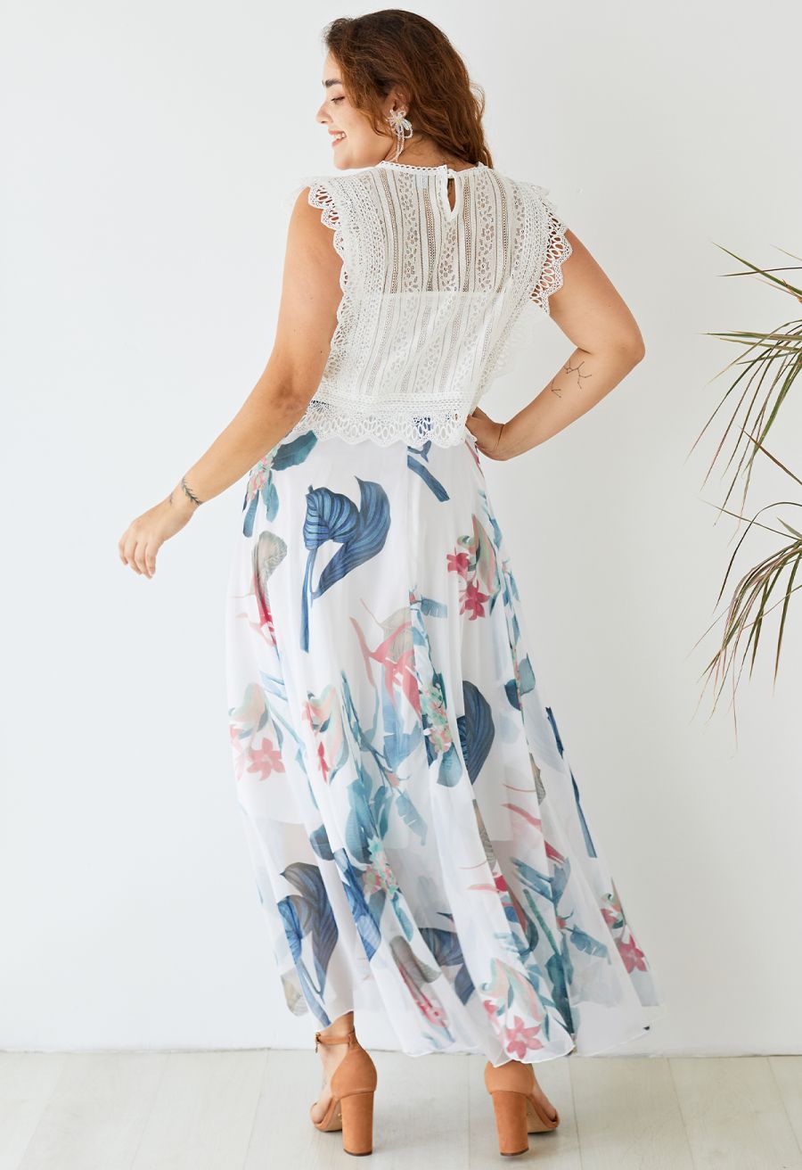 Tropical Floral Watercolor Maxi Skirt in White