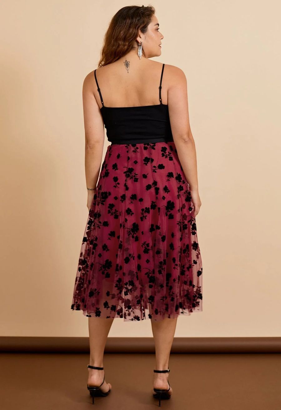 3D Posy Double-Layered Mesh Midi Skirt in Red