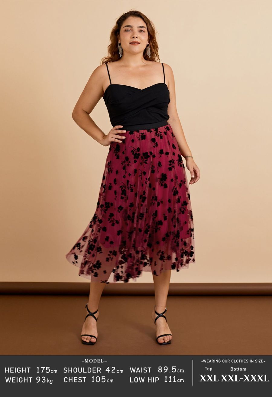 3D Posy Double-Layered Mesh Midi Skirt in Red