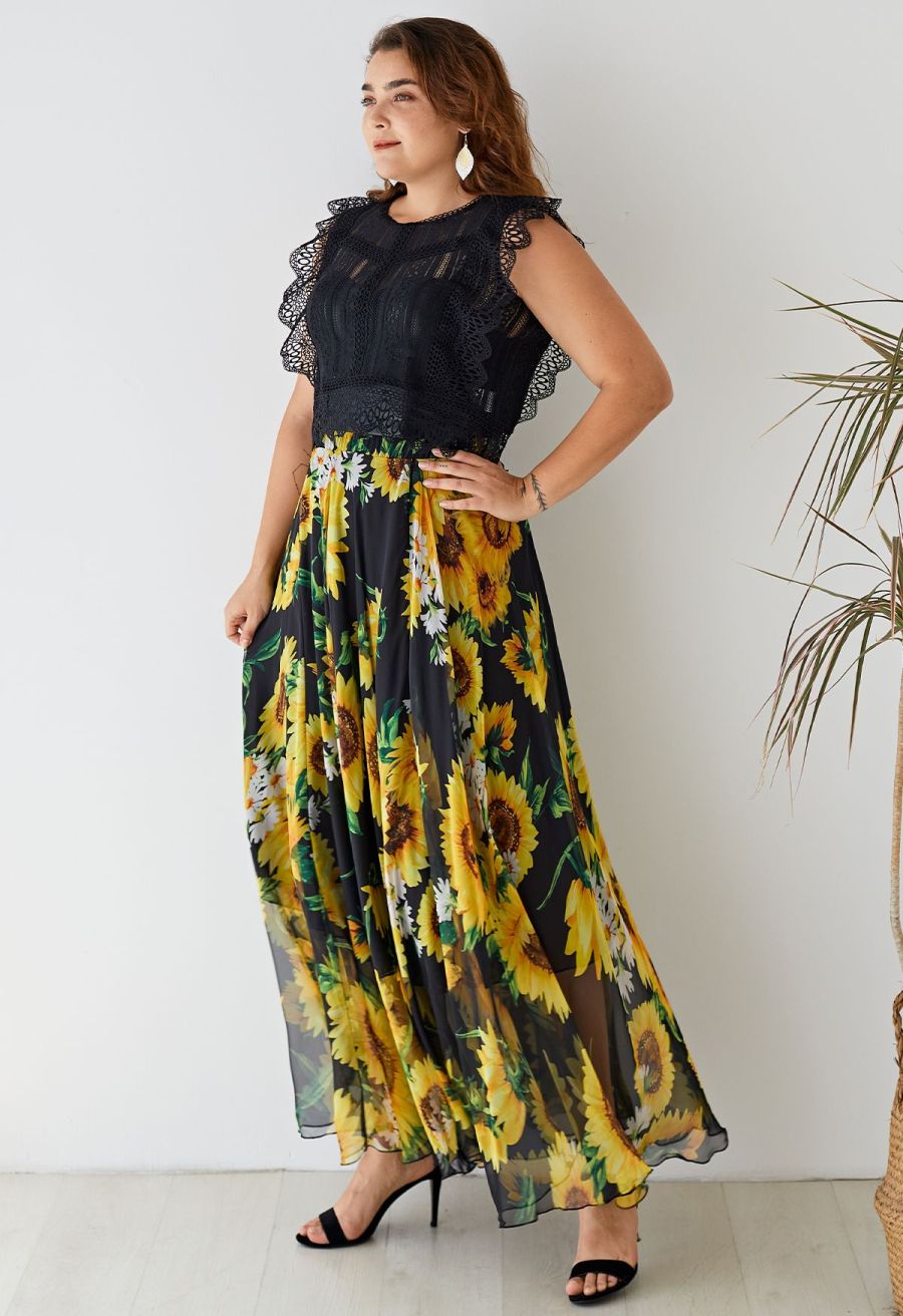 Blooming Sunflower Watercolor Maxi Skirt in Black