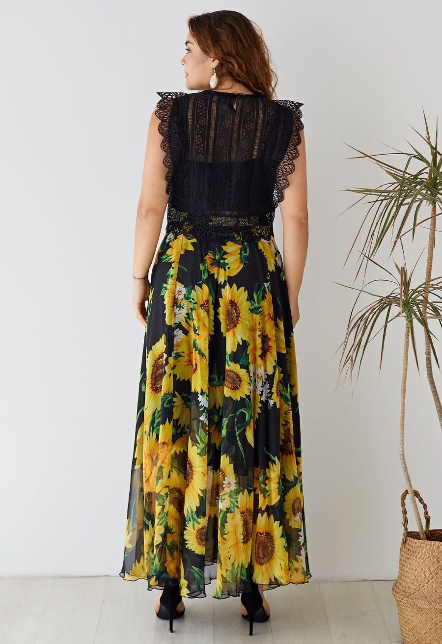 Blooming Sunflower Watercolor Maxi Skirt in Black