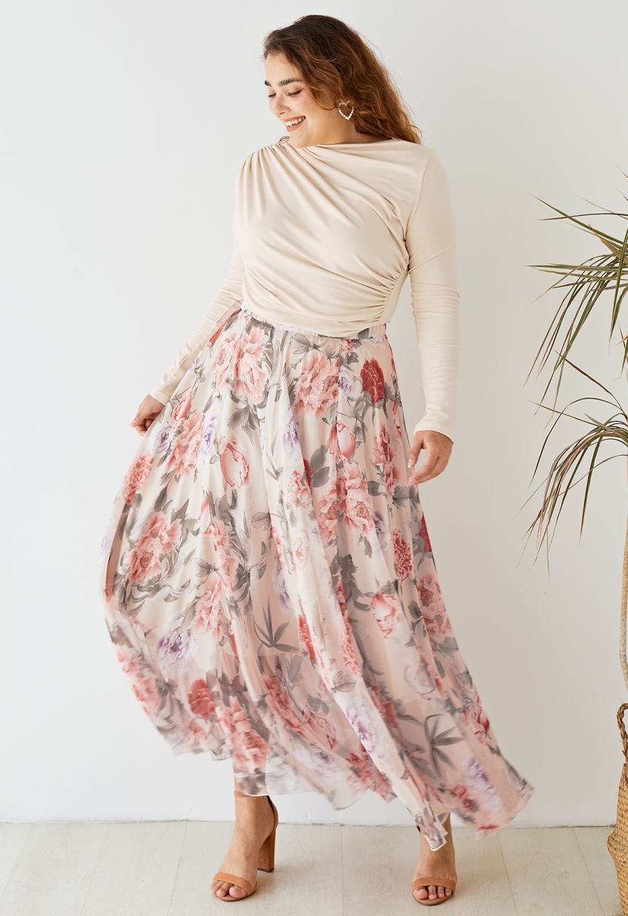 Splendid Peony Chiffon Maxi Skirt