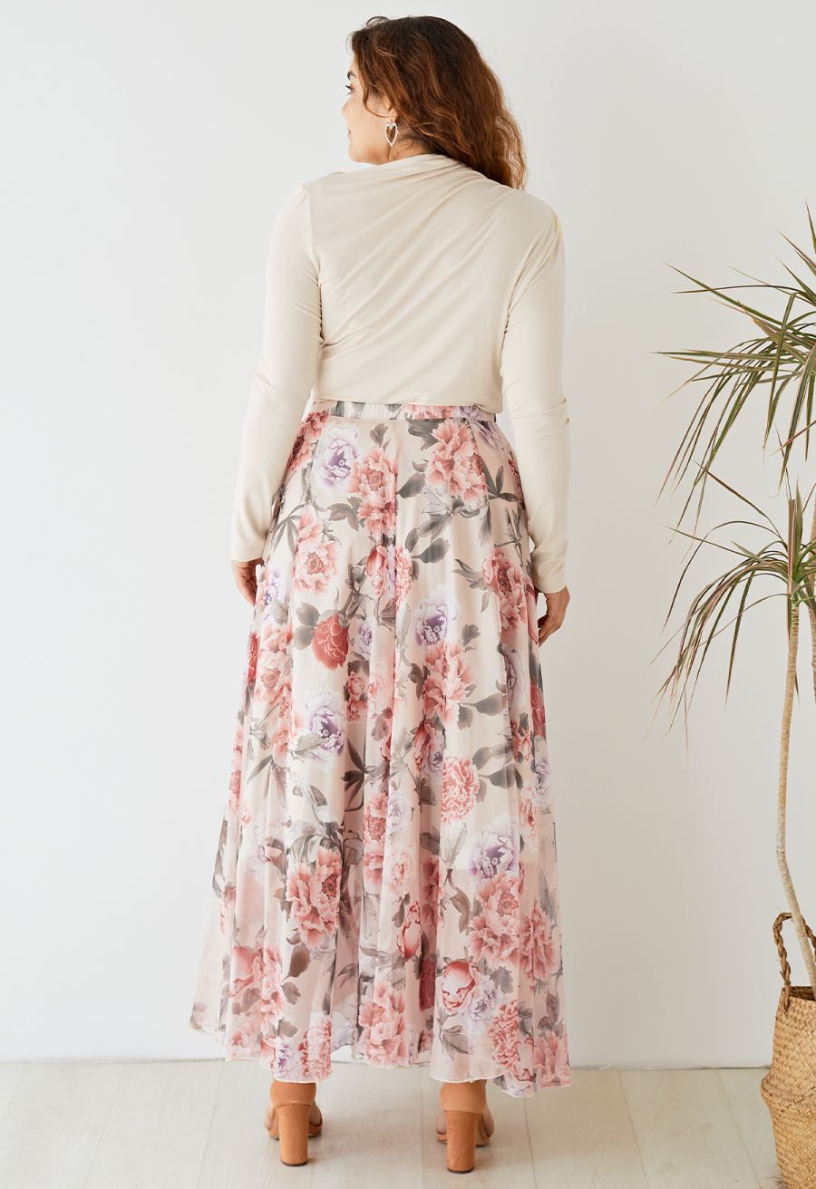 Splendid Peony Chiffon Maxi Skirt