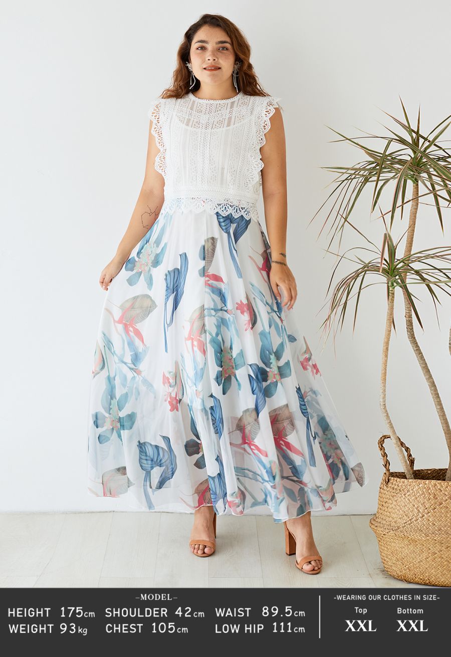 Tropical Floral Watercolor Maxi Skirt in White
