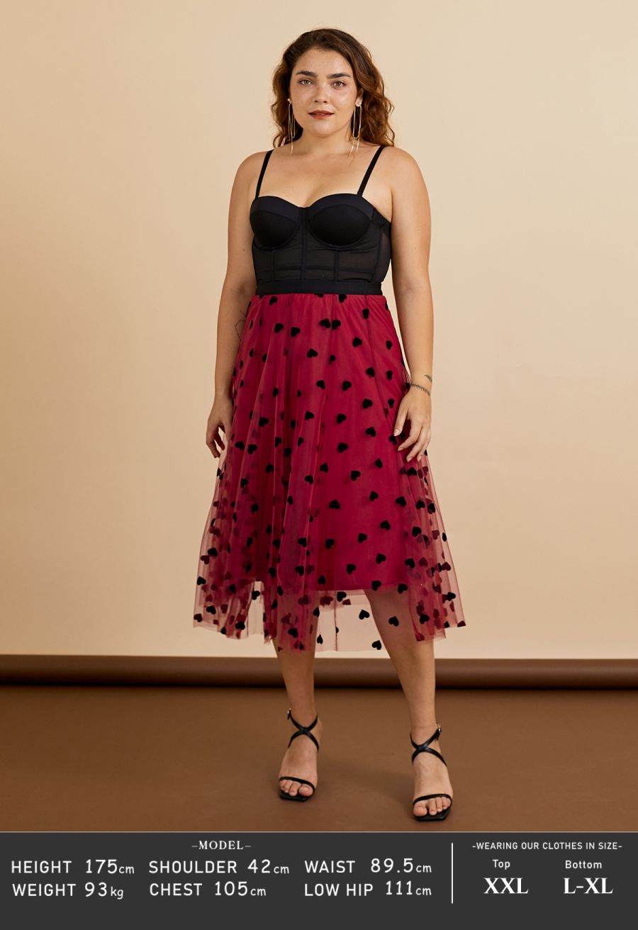 3D Heart Double-Layered Mesh Maxi Skirt in Red