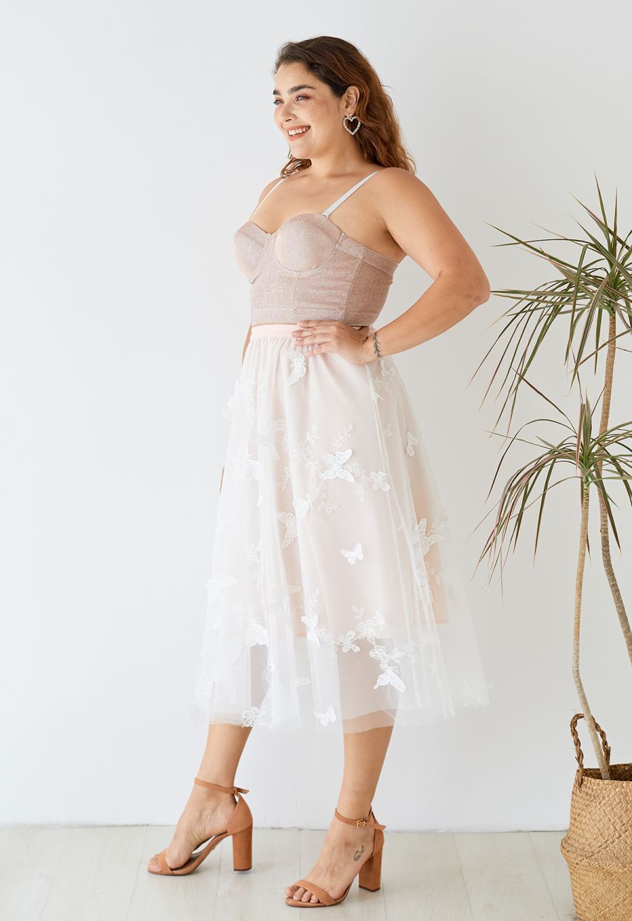 3D Butterfly Double-Layered Mesh Midi Skirt in Pink