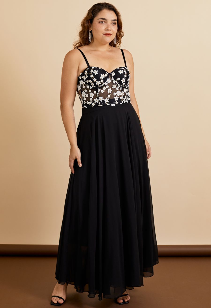 Embroidered Floret Corset Bustier Top in Black