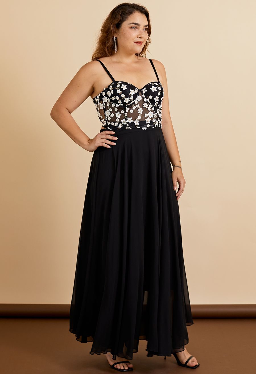 Embroidered Floret Corset Bustier Top in Black