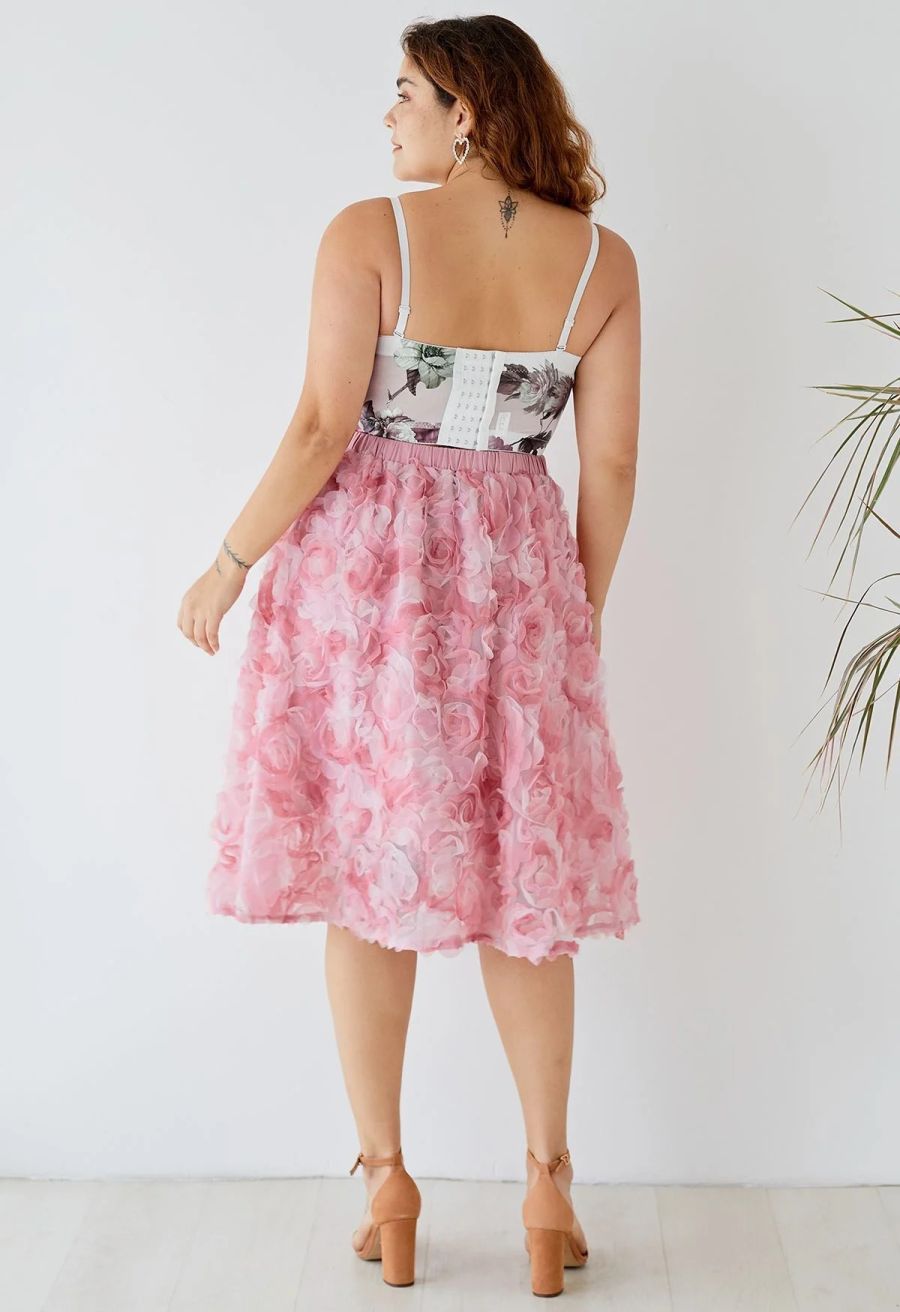 3D Pinky Rose Mesh Tulle Skirt