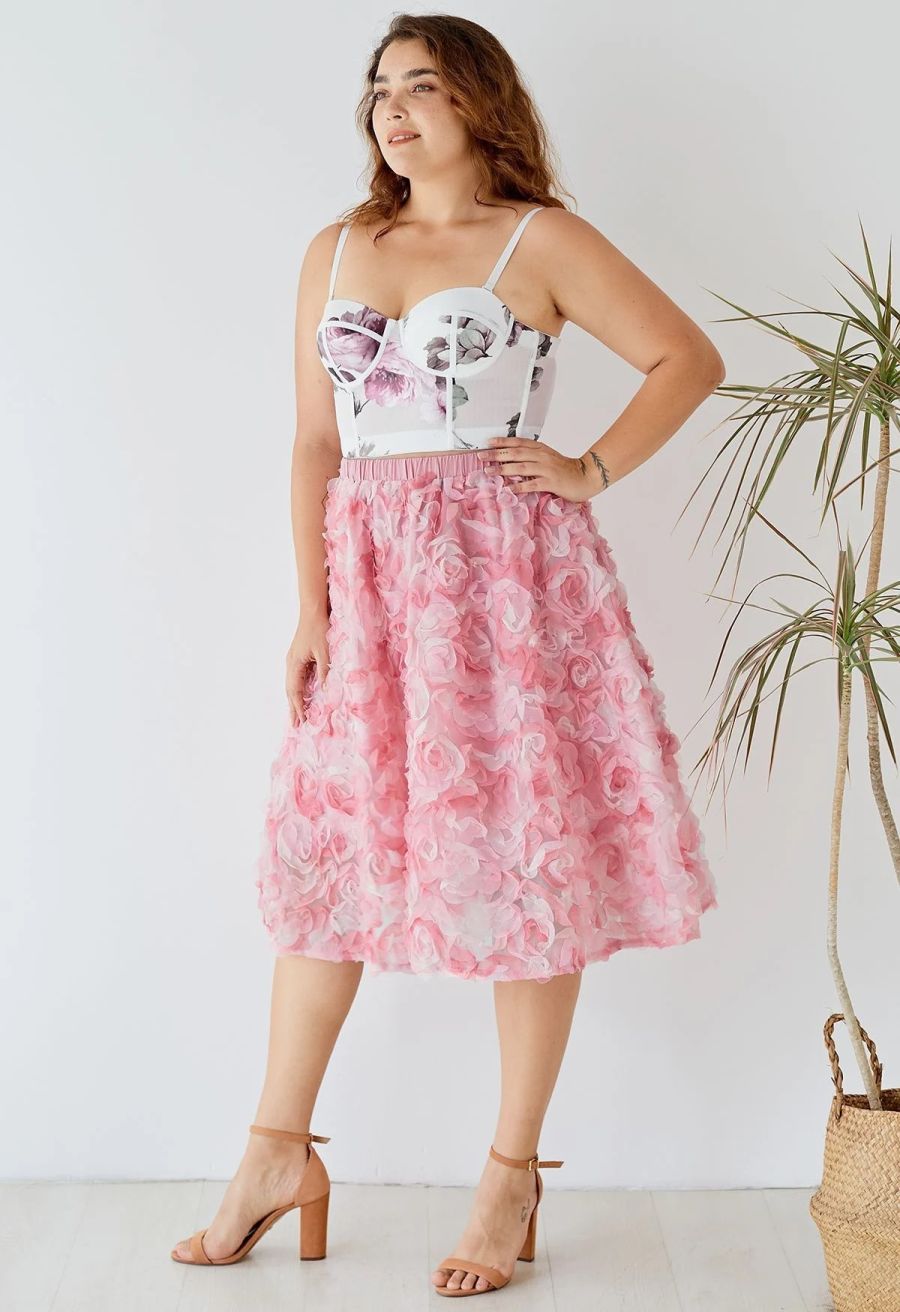 3D Pinky Rose Mesh Tulle Skirt