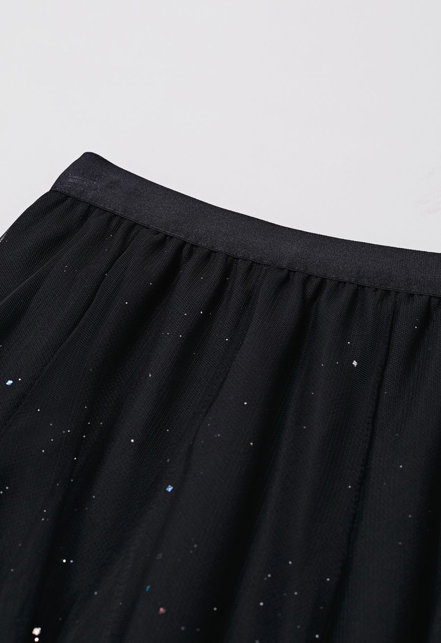 Venus Glitter Mesh Tulle Midi Skirt in Black
