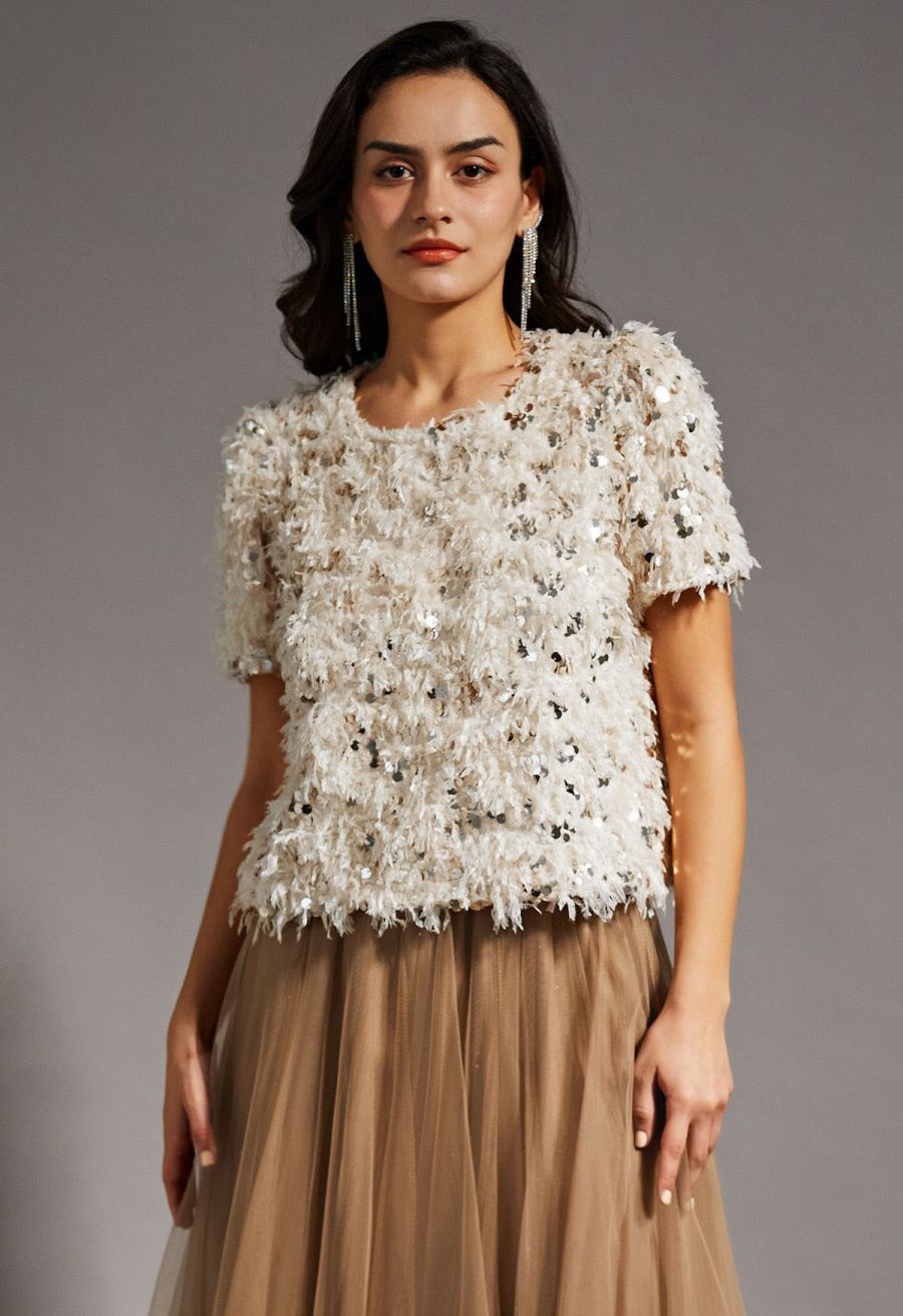 Sequin Embellished Feather Short-Sleeve Top