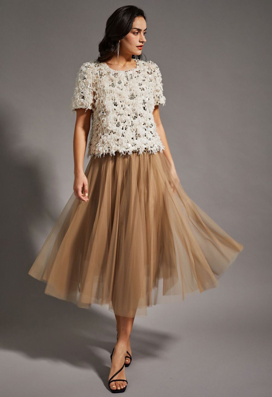 Sequin Embellished Feather Short-Sleeve Top