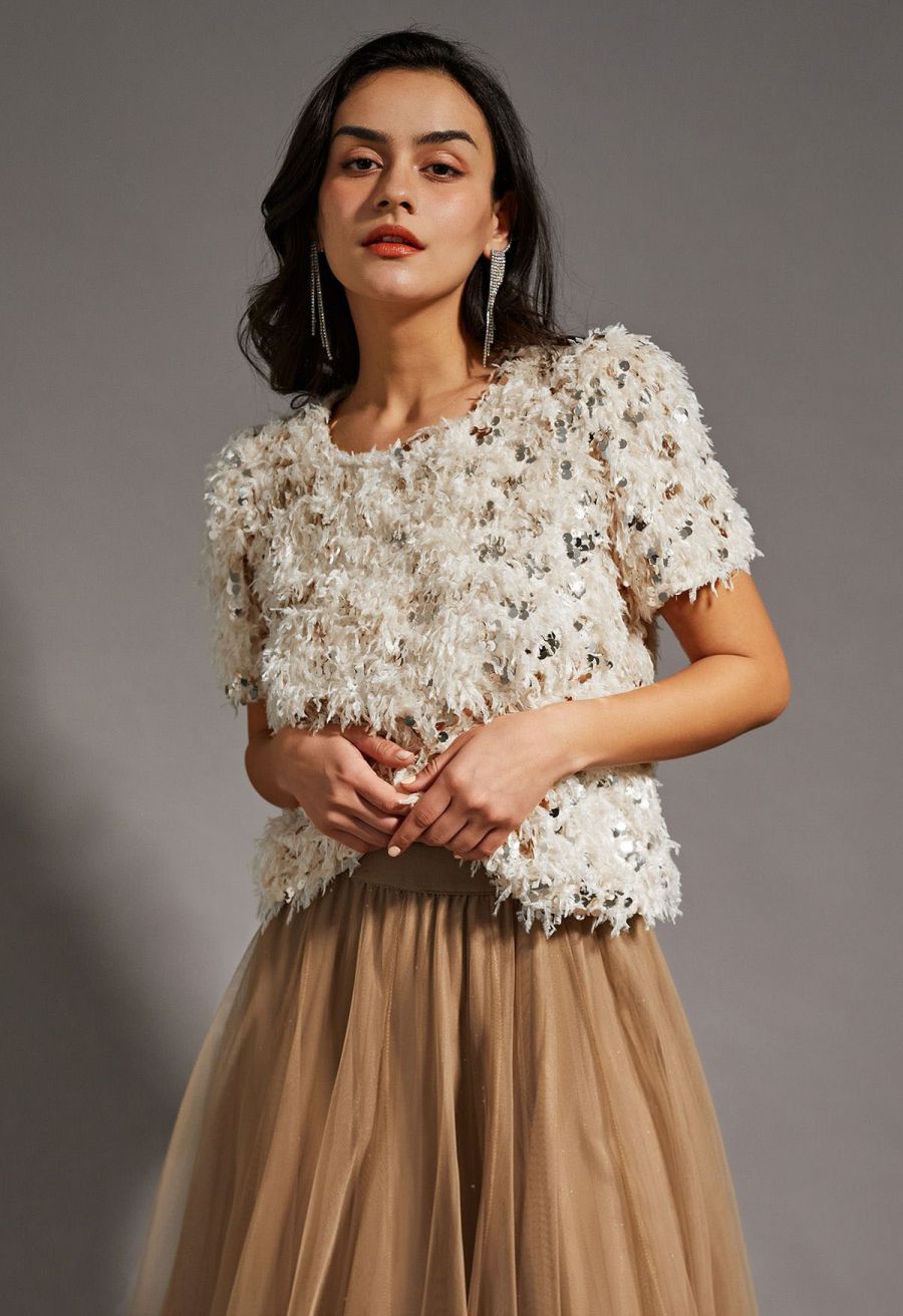 Sequin Embellished Feather Short-Sleeve Top